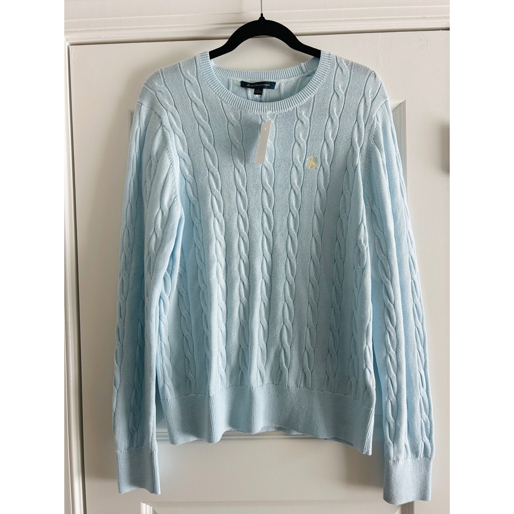 Brooks Brothers Womens Cable Knit Crewneck Sweater Light Blue Cotton Blend L New